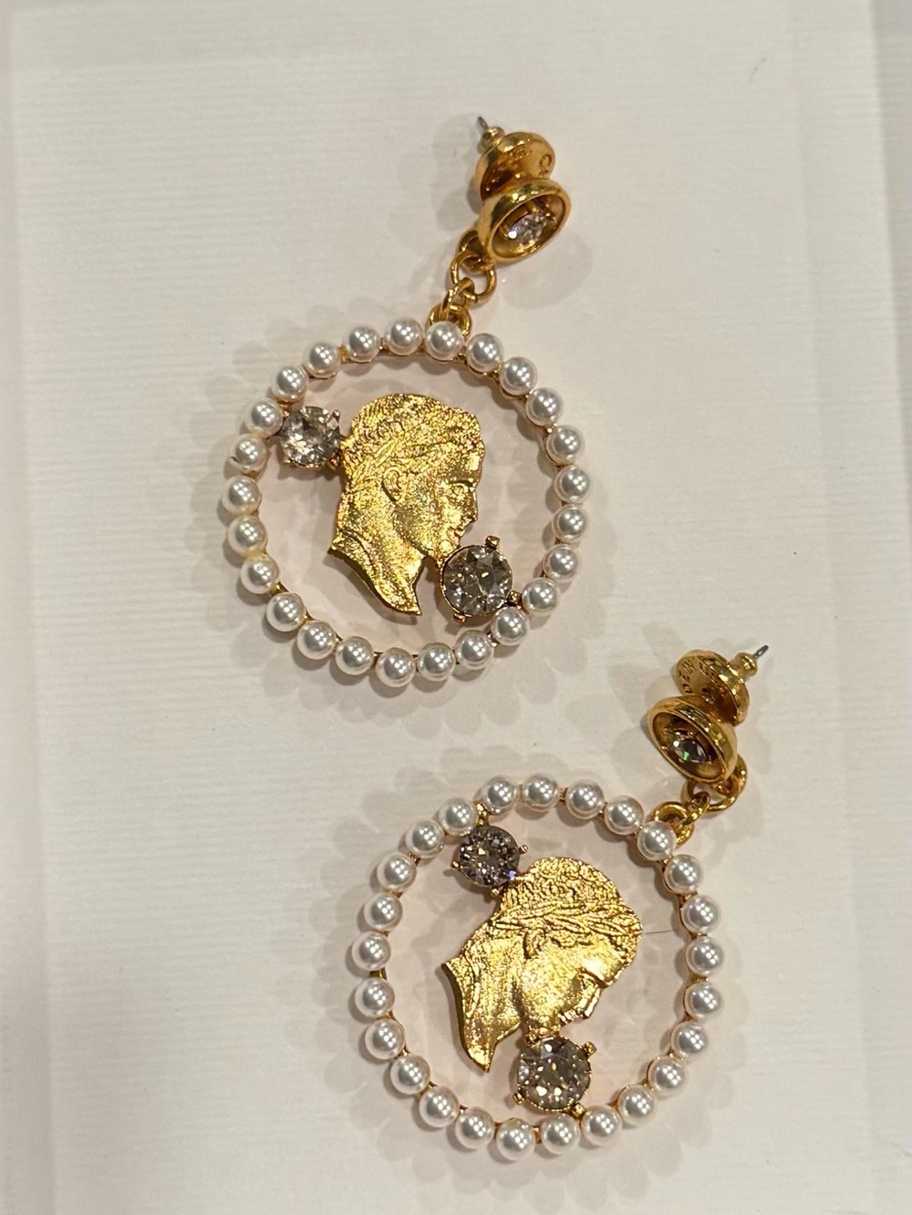 Source Unknown Gold and Pearl Profile Medallion Drop Earrings